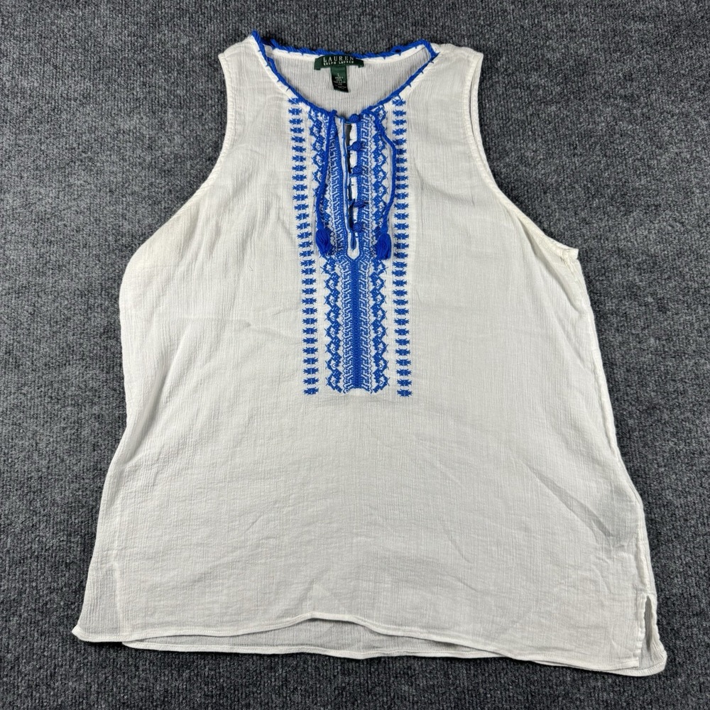 Ralph Lauren Women's Blue Embroidered 3/4 Sleeve Cotton Top Shirt Large
